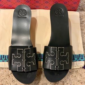 Tory Burch black leather with silver accent, wooden mules